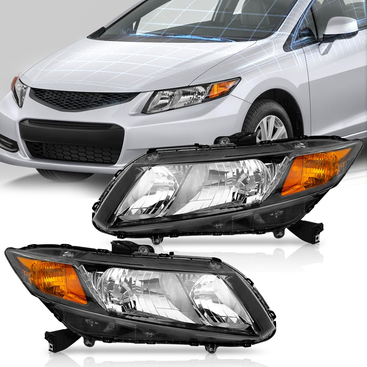 Jmotorparts Chrome Headlights Assembly Pair – For 2012-2015 Honda Civic – Direct Replacement