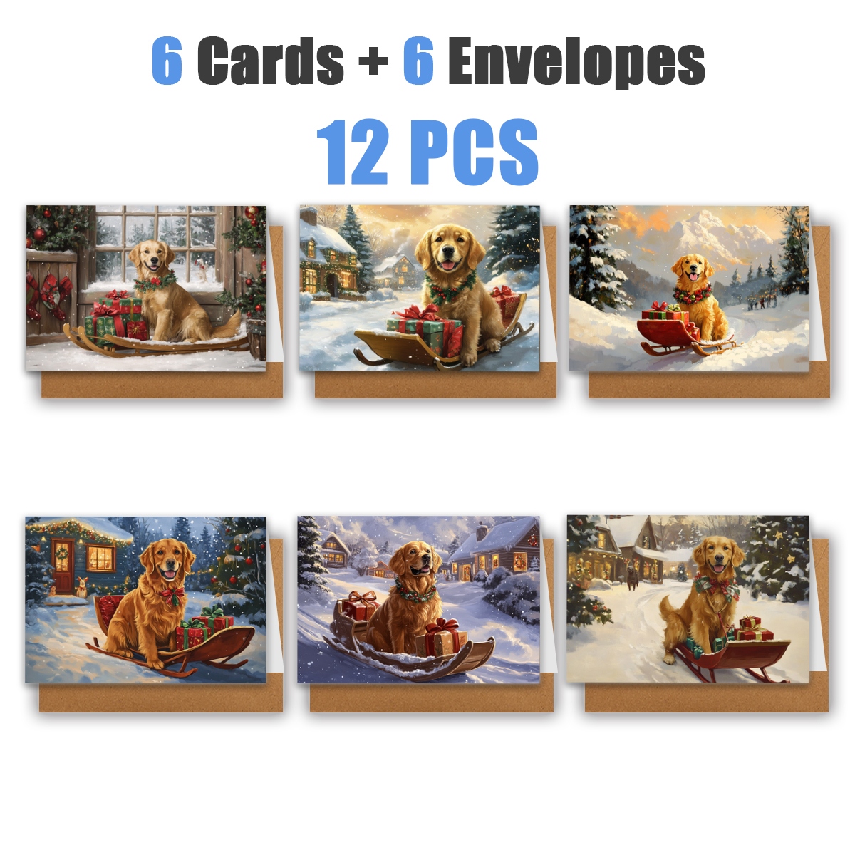 TEMU 1set/12pcs/24pcs Christmas Golden Retriever Pulling Sled With Gift Greeting Cards | Greeting Cards With Envelopes, Greeting Cards | Birthdays,