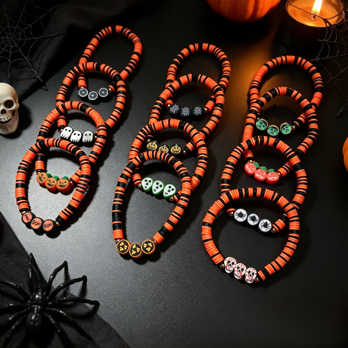 12pcs Vintage Halloween Soft Clay Bracelet Set, Fun Gift