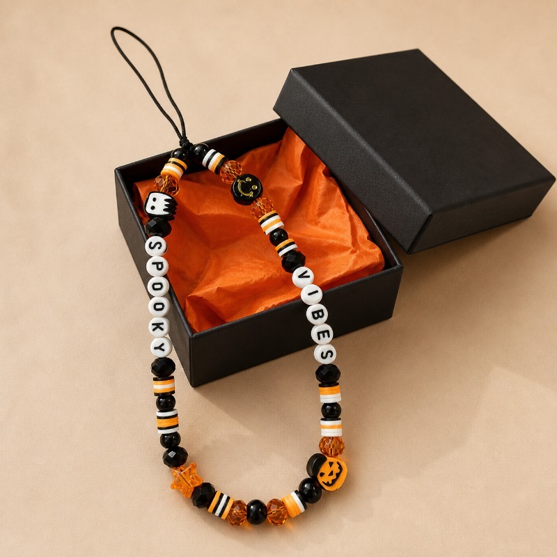 TEMU 1pc Halloween Beaded Phone Lanyard, Letter Bead Phone Charm, Pumpkin Bat Pendant Wrist Strap, Handmade Decorative Phone Chain For Party Gift