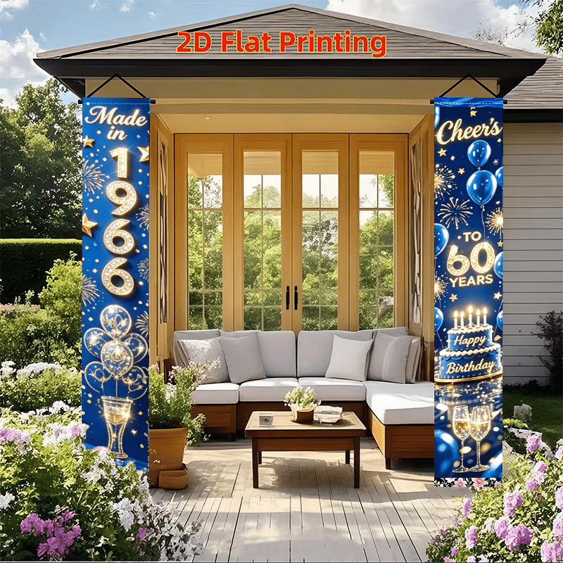 TEMU 2d Flat, 2d Flat 1 Pair Celebrates 60th Birthday With Cheers, Porch Banner Shining With Blue And 1966 Smiling Balloon Smoke Cake Flag Suitable