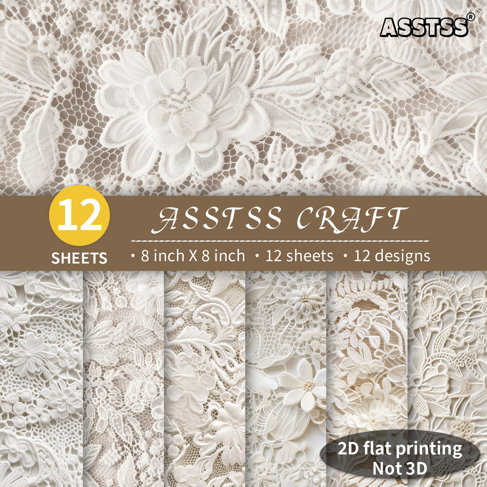 TEMU Lot de 12 feuilles de papier scrapbooking ASSTSS 8*8 pouces, papier de base élégant et délicat en dentelle plate 2D, papier cartonné épais pour