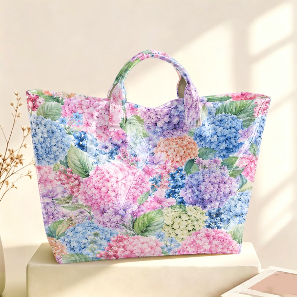 1pc Women's Tote Handbag Light Pastel Watercolor Hydrangea Floral Leaf Print Large Hand Carry Bag, Fresh Romantic Portable Hand Tote For Beach Office School Daily