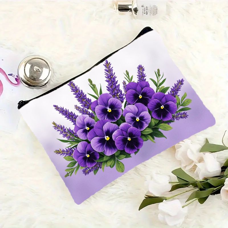 TEMU 1pc Elegant And Lightweight Bag, 2d Flat Design With Exquisite And Lavender Flower Pattern, Smooth Zipper. This Portable Cosmetic Pouch Is Ideal