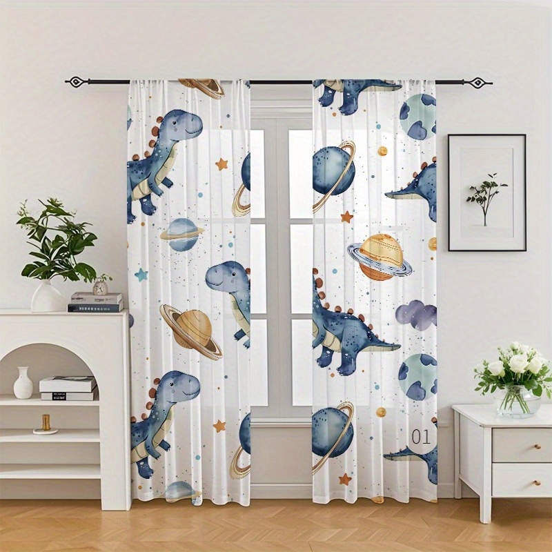 TEMU Set Of 2 Dinosaur Curtains Featuring A Blue Dragon And Planet , Made Of Sheer Gauze. Decorative Curtains Are Suitable For Rods And Can Enhance