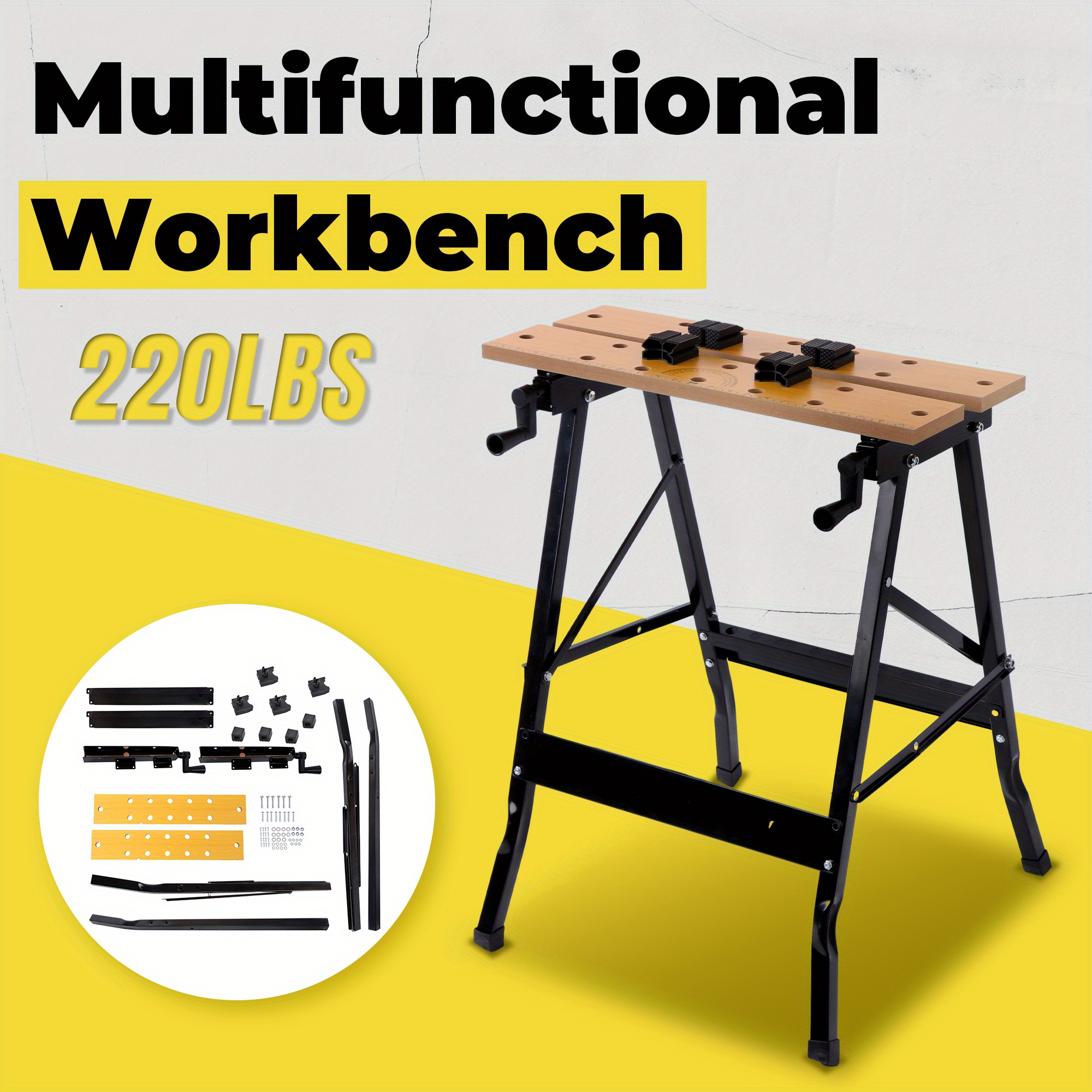 TEMU Heavy-duty Adjustable Folding Workbench With Built-in Ruler & Protractor - Portable Folding Design, 220lbs Capacity, Sturdy Metal Construction,