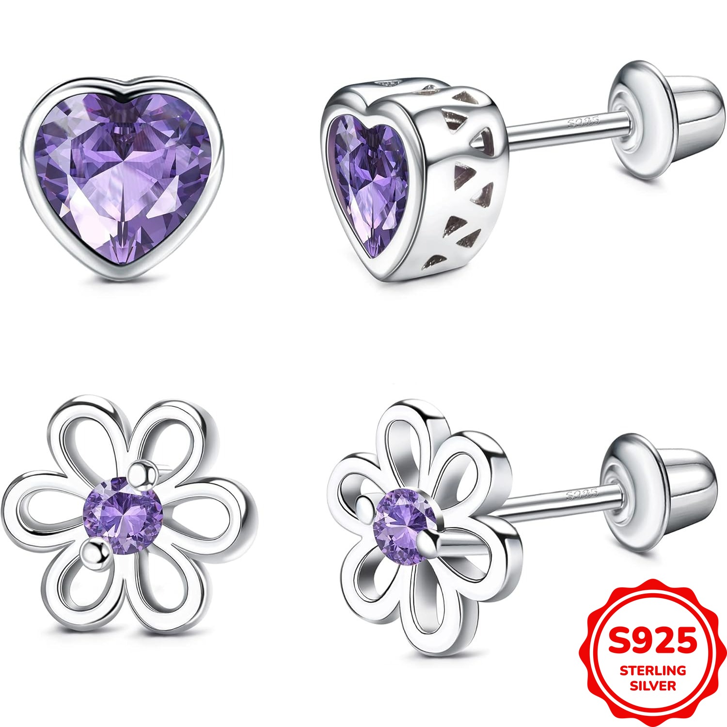 Image of Of 925 Sterling Silver Screw-back Earrings Designed For Women, Featuring Heart And Flower Designs, Suitable For Tragus And Cartilage Piercings, Perfect For Mother's Day, Weighing 2.6g Or 0.09oz