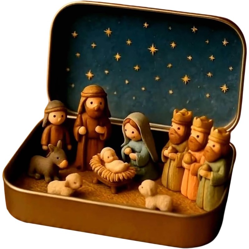 E-shop Handgefertigtes Mini-Krippenspiel Set () - Tragbare, Taschenförmige Harz-/Stoff-Krippe, eine Weihnachtsdekoration inklusive Figuren der Familie,
