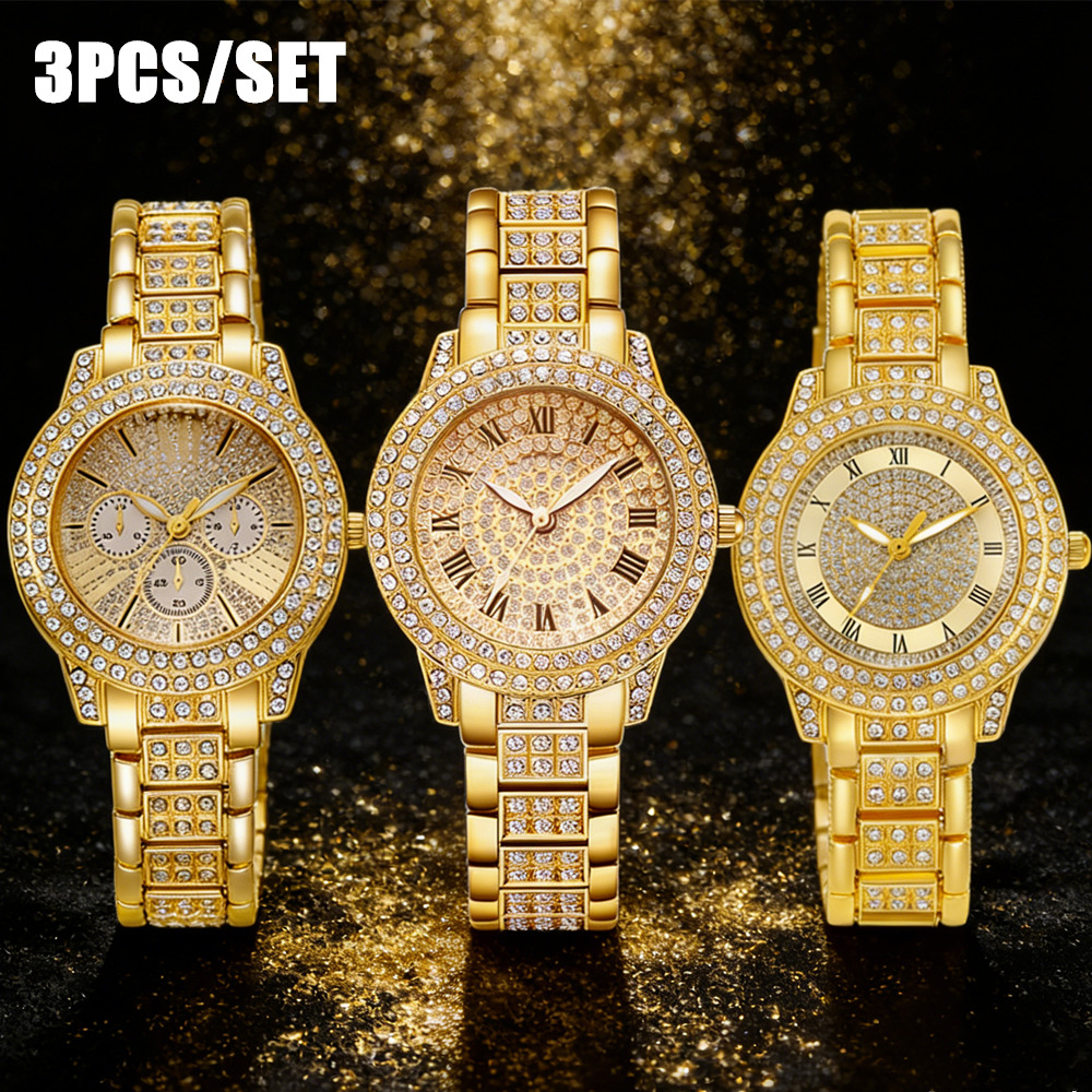 TEMU 3pcs/set, Women's Watches Set, Exquisite Fashion Quartz Wristwatches, Luxury Watches With Rhinestones, Birthday Gift Relojes Holiday Gift Ladies