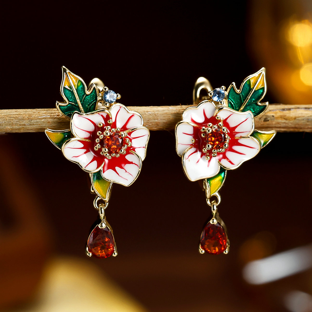 Painted Floral Leaf Shaped Ear Clips with Zirconia