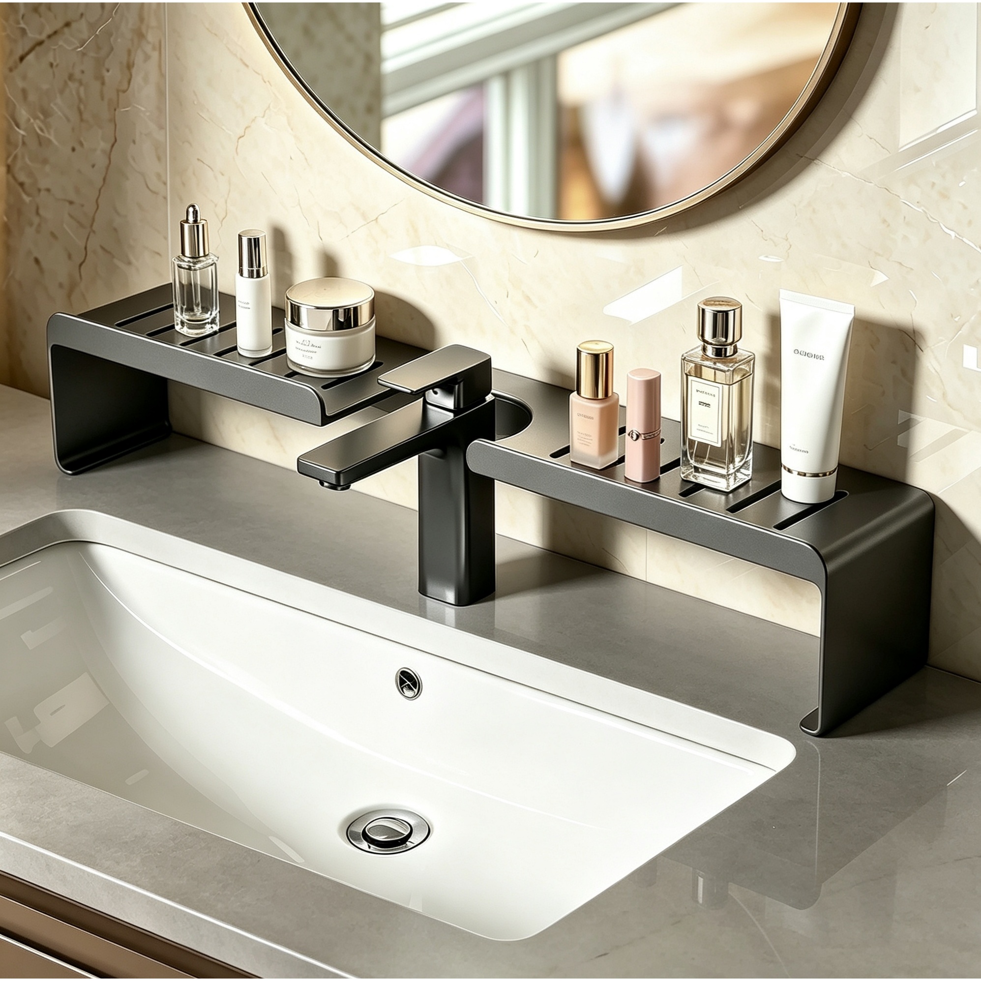 TEMU No-drill Faucet Shelf, Washbasin Countertop Storage Rack, Hollow Drainable Bathroom Sink Shelf, Toilet Makeup And Skincare Organizer