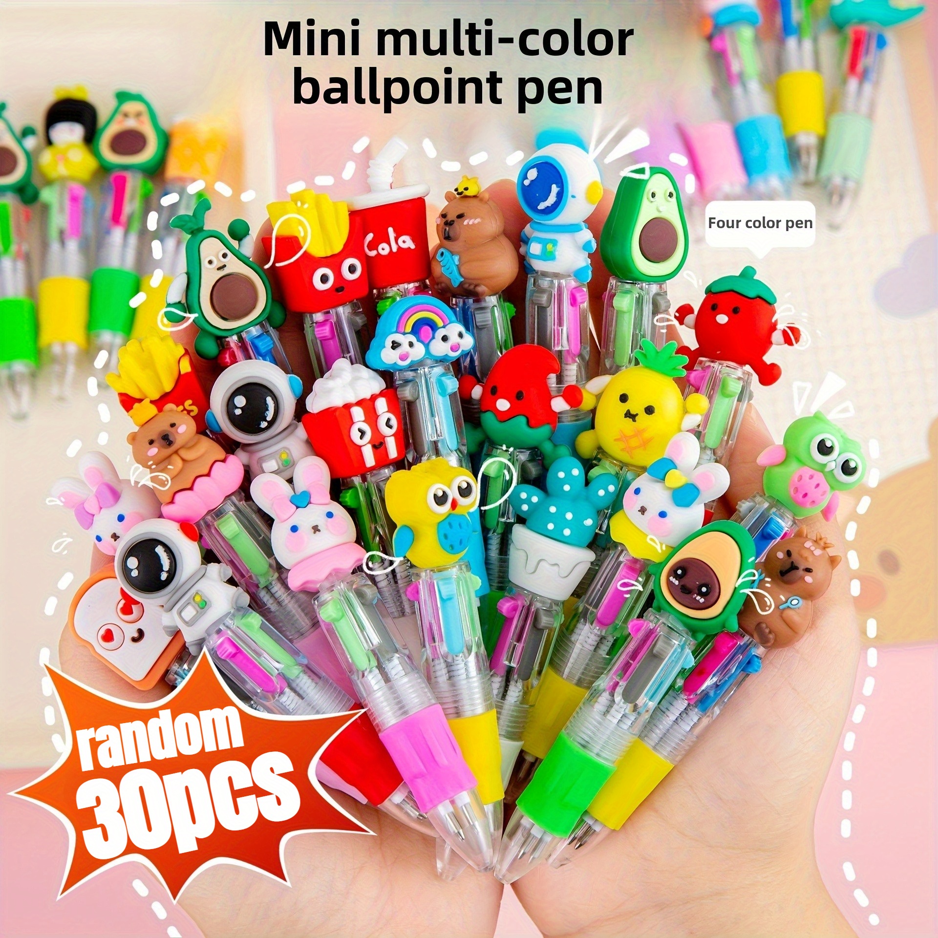 Image of Random A Set Of 30 Cute And Adorable Retractable Ballpoint Pens, Ergonomic Round Pen Body, Medium Nib, Pvc Material, Stick Pen Structure, Cute Designs, Suitable For School And Office Supplies