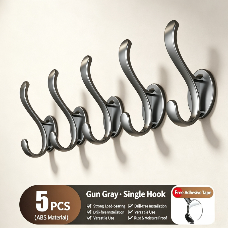 TEMU 5-pack No-drill Wall Mounted Coat Hooks, Self-adhesive Abs Plastic Clothes Hooks, Heavy-duty Sticky Hanging Hooks For Entryway Closet Wardrobe