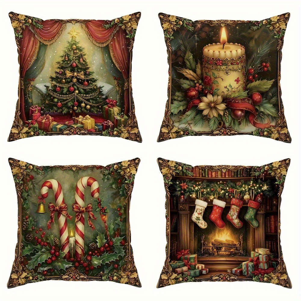 

A Set Of 4 Christmas Pillowcases 18x18 - Pattern, And , Sofa And Bedroom Pillowcase, Washed, -sided , Does Not