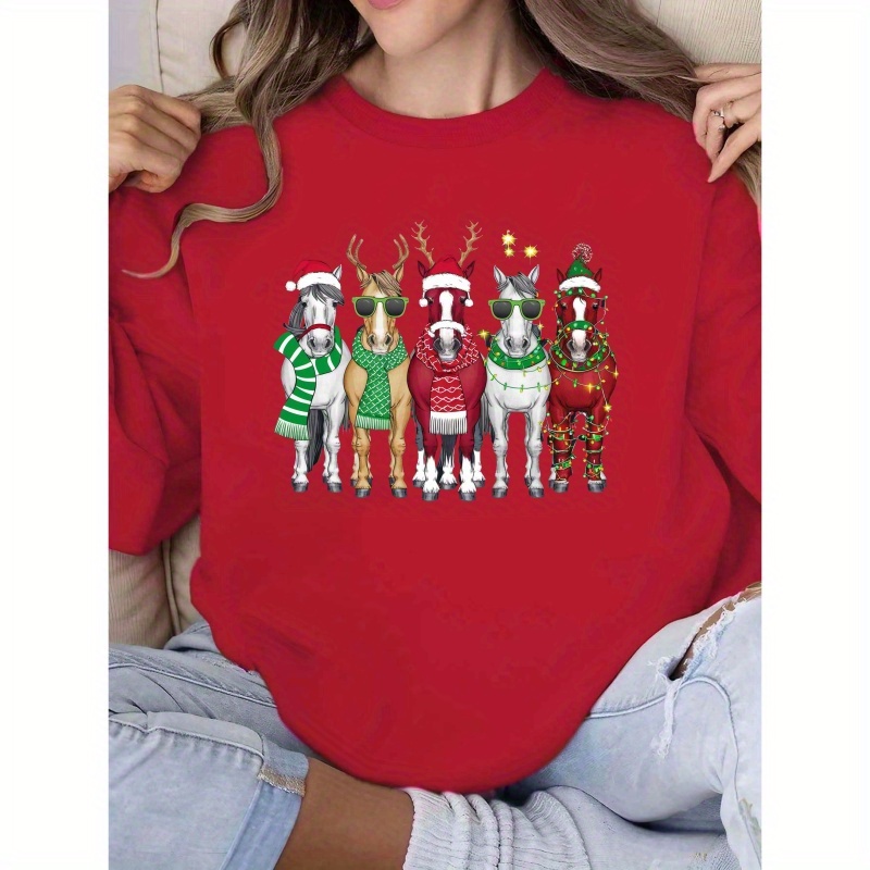 

Women's Christmas Horse Graphic Crew Neck Sweatshirt, Casual Polyester Knit Pullover, With Geometric Pattern, For Fall/winter