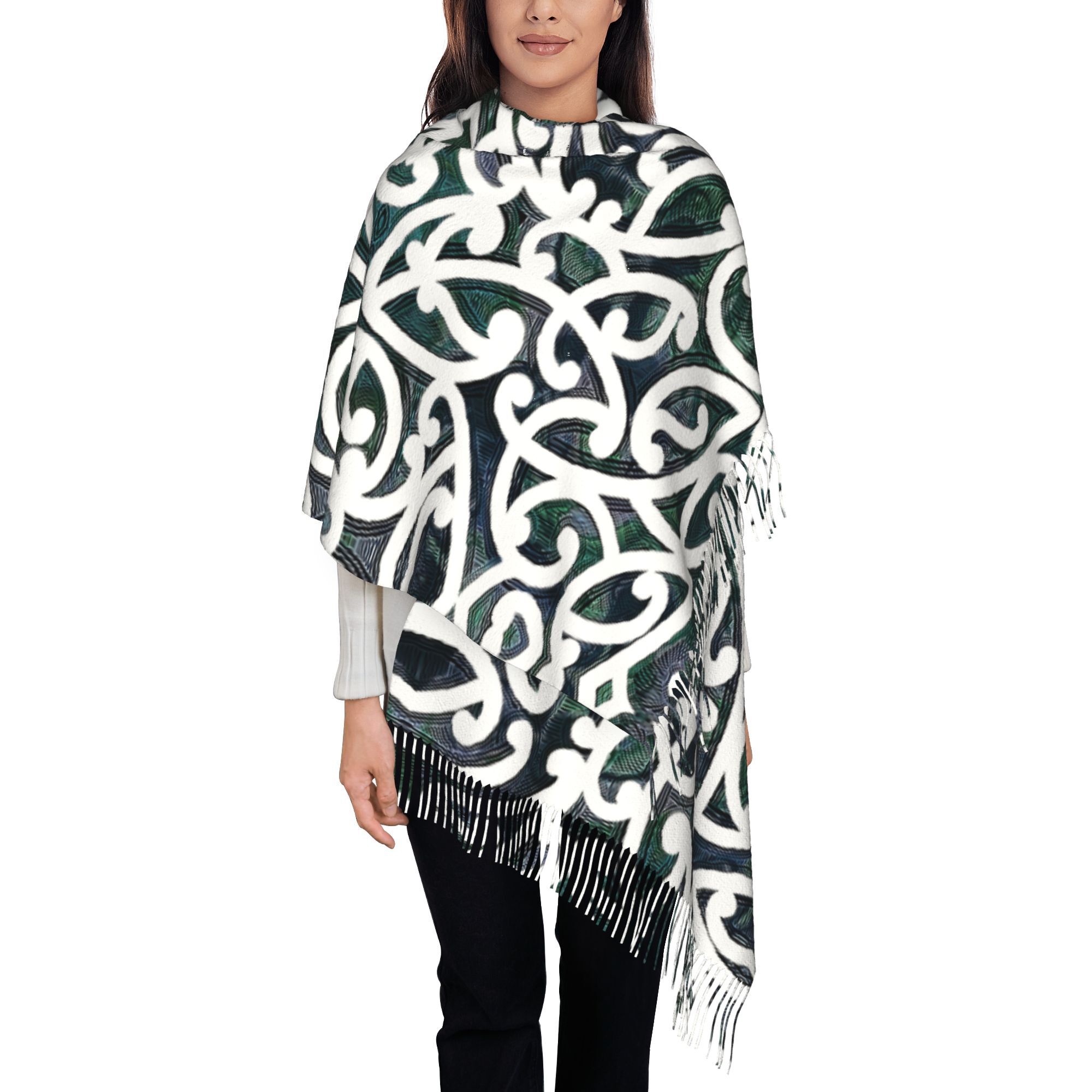TEMU Maori Paua Unisex Retro Maori Scarf - Color Paua, Warm Winter Tassel Fringe For Hiking, Running, Cycling - Ideal Cold-weather Accessory & New