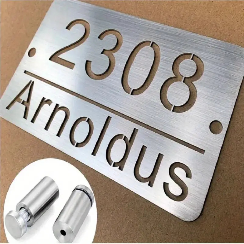 TEMU Custom Stainless Steel Address Plaque- Hollow Number With Engraved Street Name, Weather-resistant Outdoor Wall-mounted Garden, Driveway, Or Home