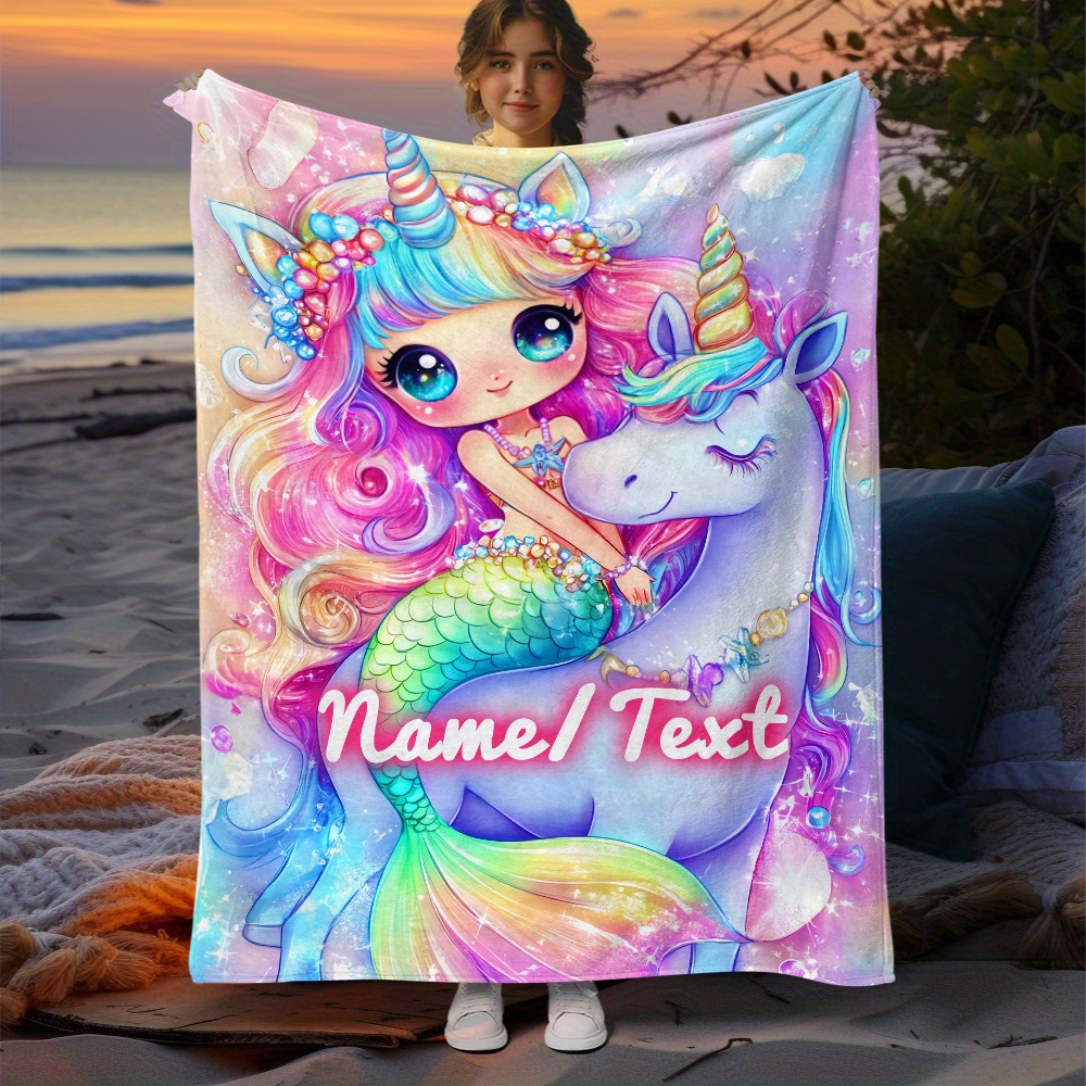 TEMU Customizable Name Unicorn & Mermaid Blanket - Cozy Lightweight Flannel, Sofa, Bed, Travel, Camping, Living Room, Office - Soft, Warm Digital