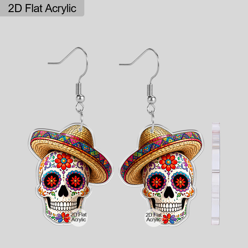 TEMU Pendientes acrílicos planos 2D de calavera folclórica mexicana con vintage, pendientes coloridos de mexicana clásica para mujer, joyería para de