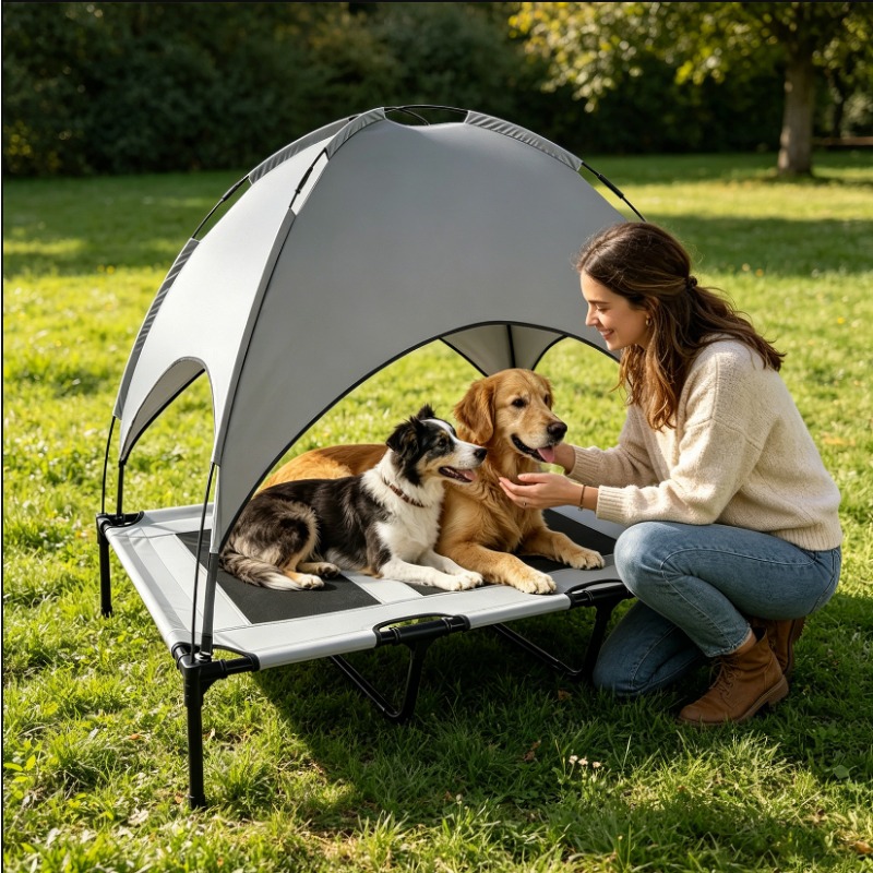 Image of Elevated Dog Bed With Canopy, Portable Raised Outdoor Dog Bed With Anti-slip Feet, Pet Cot With Breathable Mesh, Pet Cot For Large Dogs Camping, Indoor & Outdoor Use