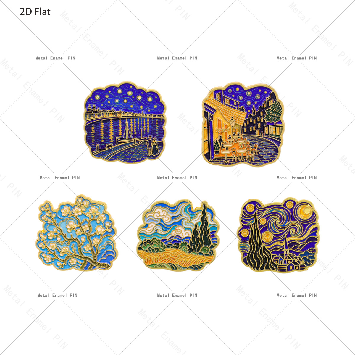 TEMU Épingles en émail 2D plates, 5 pièces, peintures d'art de Van Gogh, La Nuit étoilée, Fleurs d', de nuit, broches de revers, insignes métalliques