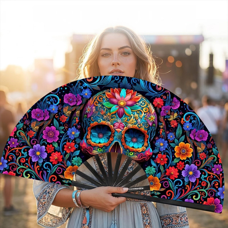 TEMU Ladies' Sugar Skull Floral Print Folding Hand Fan, 13-inch Plastic Black Slat Snap Fan, 1pc, Portable Decorative Accessory Suitable For Parties,