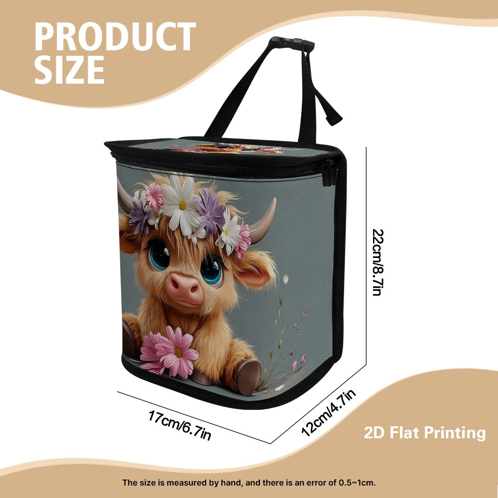 TEMU 1pc Portable Vehicle Garbage Bag Spring Highland Cow Flowers Graphic - Car Trash Can With Cover For Interior Organization - Multi-use Kitchen
