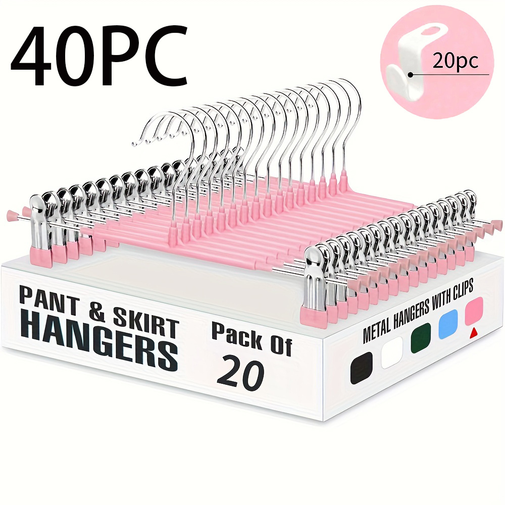 40pcs combo set 20  heavy duty adjustable metal pants hangers with non slip clips 20  hanger hooks space saving pants and skirt hangers multiple colors white   for closet storage room retail storage pants hanger