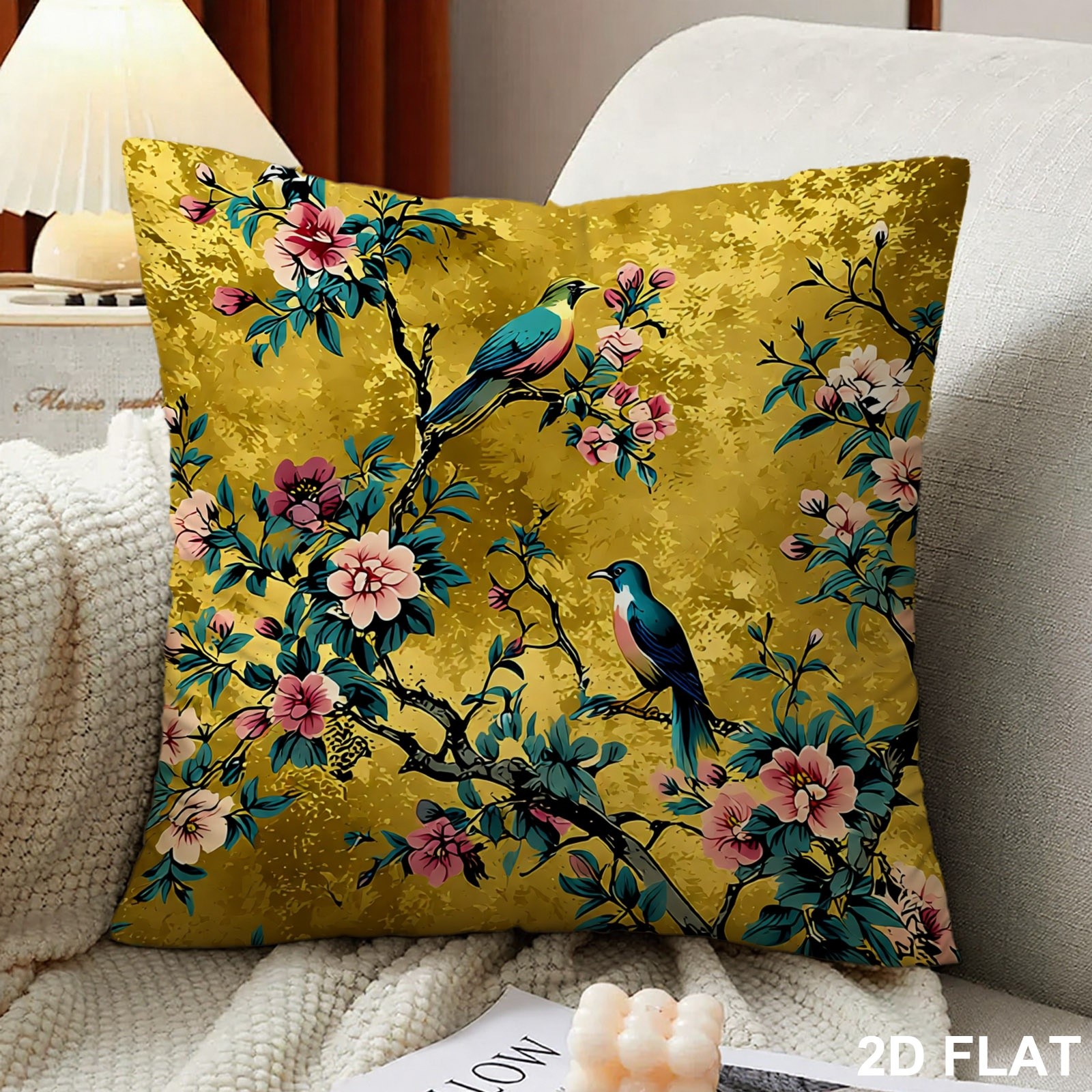 TEMU 1pc Pillowcase, Golden Textured Background Floral Colorful Birds Printed Pillowcase, 45cm X 45cm, Soft And Smooth Feel Polyester Short Plush