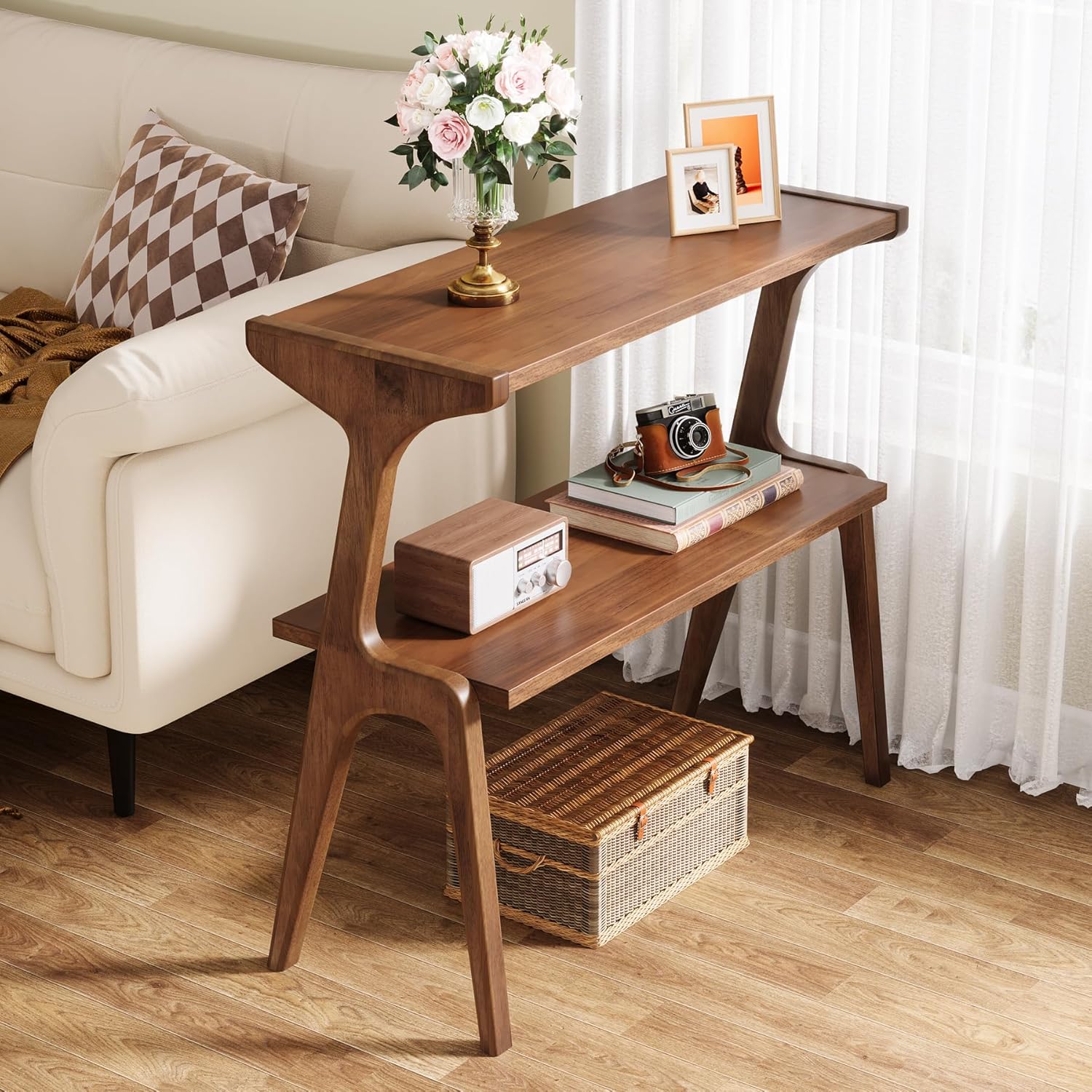 TEMU 1pc Modern Solid Table | 2-tier Farmhouse Couch Side Table, Rustic Sofa End Table With Storage Shelf For Living Room, Skinny Bedside Table,