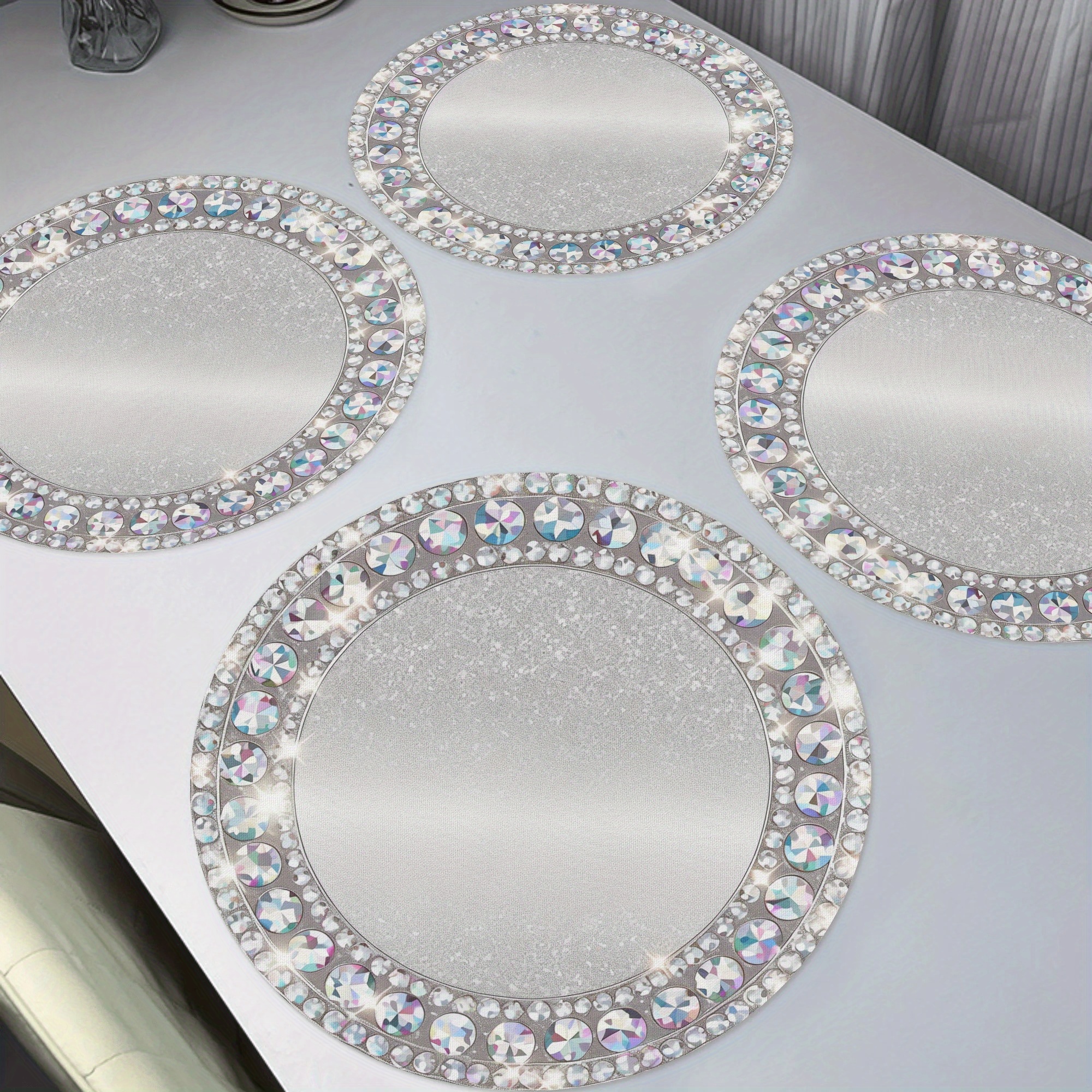 

4pcs Beautiful Diamonds Placemats,round Table Mats For Home Decor Non-slip Washable Place Mats For Daily Banquet Party Dining Table Decoration 15