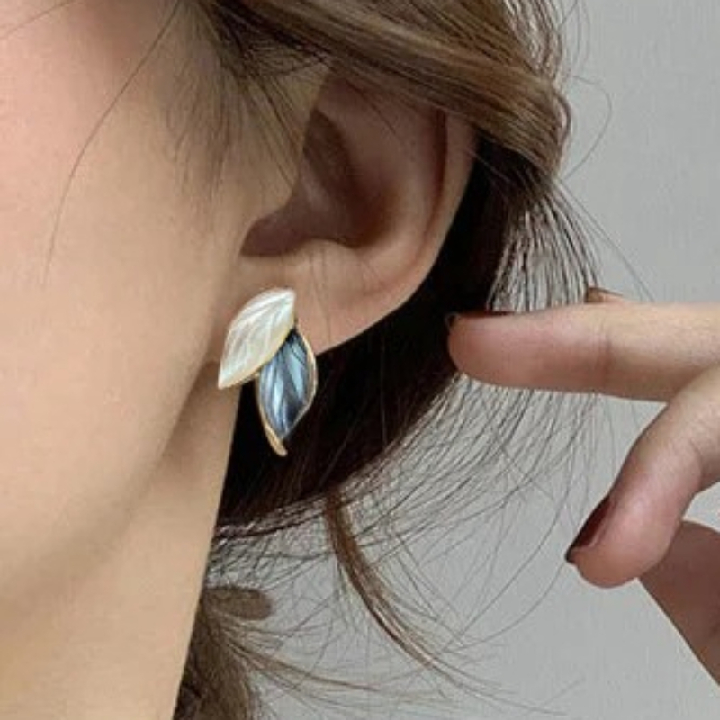 Vintage Enamel White and Blue Leaf Stud Earrings, Bohemian Style