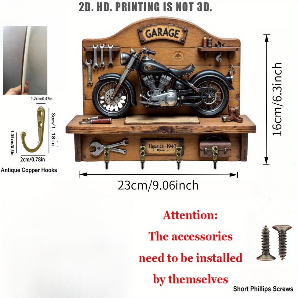 E-shop 2D-flacher Schlüsselhaken im Vintage-Garagen-Motorrad-Stil, 1er-Pack, multifunktionaler Schlüsselhalter aus Holz für Zuhause mit vier