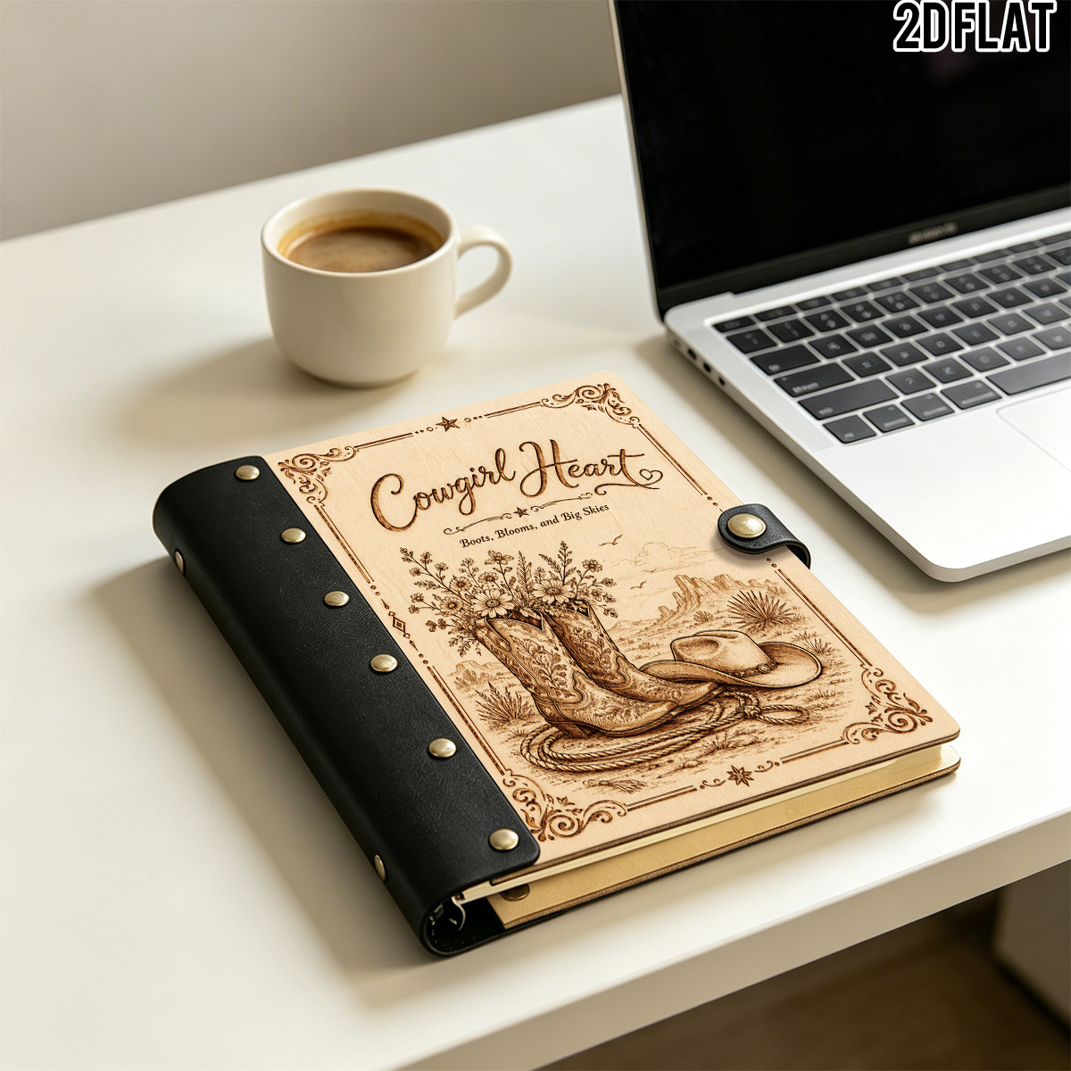 1pc 2d flat wooden notebook vintage engraved   western boot cover desert floral themed journal for cowgirl lovers daily use writing pad rustic western present