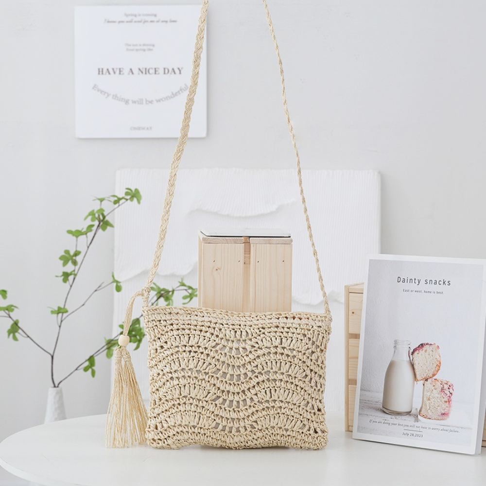 Image of Women's Woven Bag, Vintage Versatile Tassel Crossbody Bag, Beach Woven Bag, Vintage Beach Woven Bag, Straw Woven Handbag