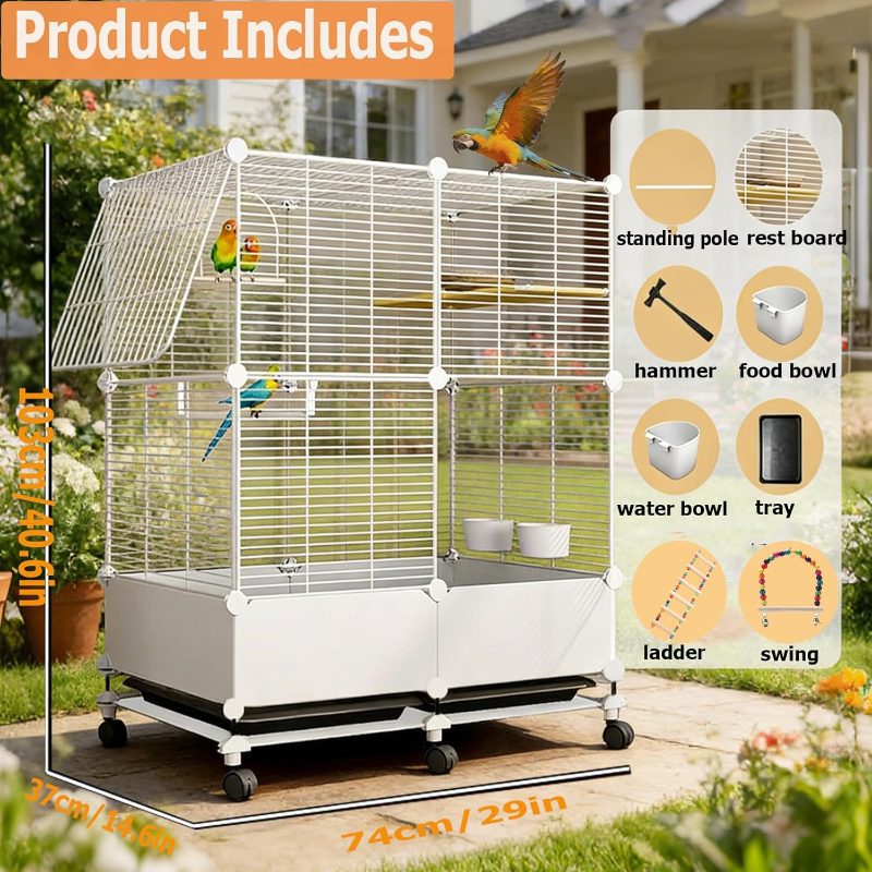 Bird Cage, 101.6cm Large Bird Cage, 2-Tier Widened Movable Parakeet Cage with Wheels, Cockatiel Cage Parrots Conure Budgie Canary Finch Lovebird, Spacious Interactive Bird House with Bottom Tray