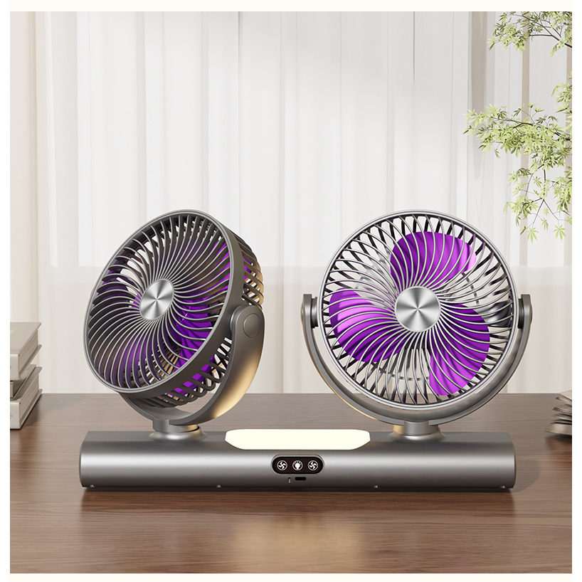 [portable Double-headed Fan] Usb Rechargeable Dual-head Desktop Fan With , Wall-mounted & Desktop Dual-use. 3- Wind, Multi-angle , Ideal For Home, Office And Camping.