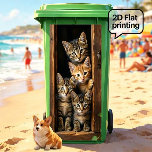 item picture 2d flat printing 1pc trash can sticker 37 82 cm four kittens peeking behind door design wall sticker wallpaper self kitchen trash can decoration suitable for trash cans decoration peel and stick enthusiasts