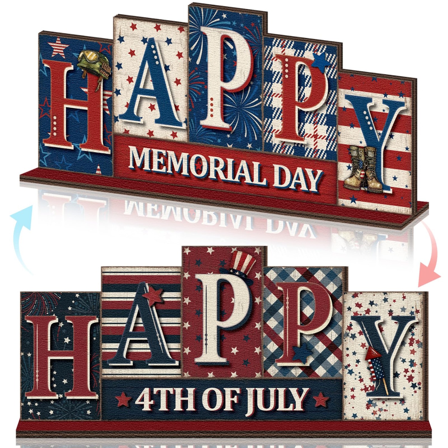 2pcs Memorial Day Table Decorations Reversible Patriotic Wooden Sign Tabletop Centerpiece Farmhouse 250th Anniversary Decor For Home Office Desk Shelf Tiered Traydecorative Sign, Plaque
