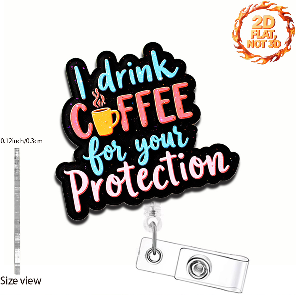 TEMU Porte-badge rétractable 2D 1 pièce, accessoire plat 2D, et amusant, en acrylique avec pince, motif sur le thème de la protection du café, pour