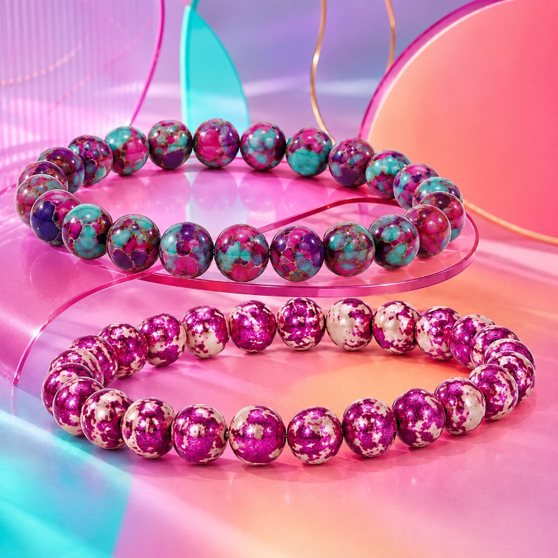2pc Contrast Elastic Bead Bracelet Set, Purple & Teal