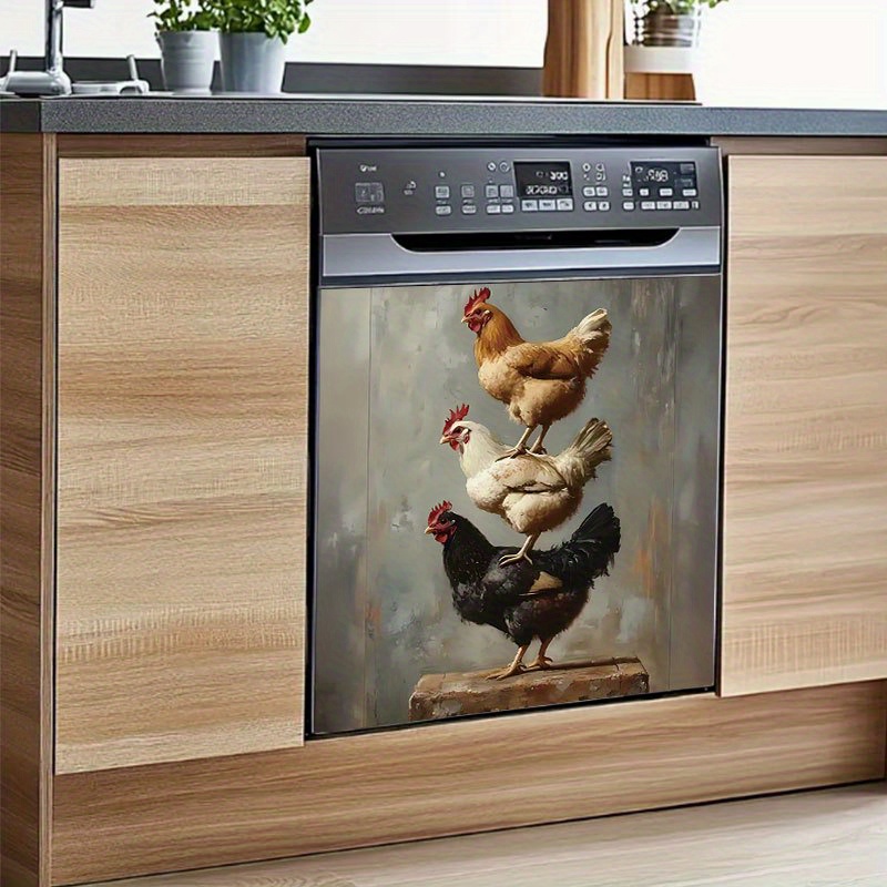 TEMU 2pcs Farmhouse Chicken Decorative Stickers - Realistic Rooster & Hen Appliance Decals, High Quality Vinyl Kitchen, Dishwasher, Washer, Fridge,