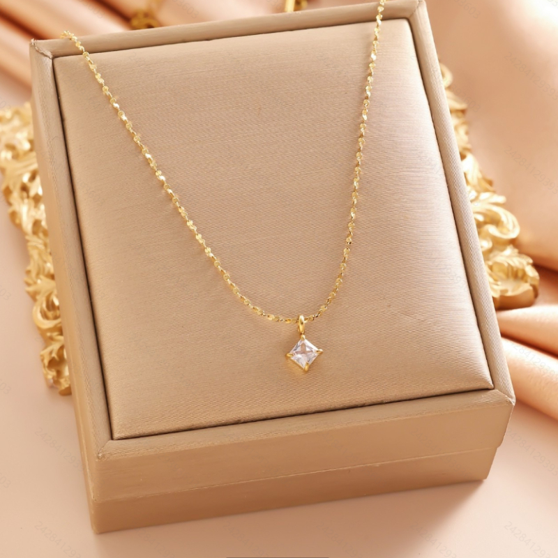 A Easy And Luxurious Square Inlaid Zirconia Pendant | 2025 New Model - Stainless Steel Material, Waterproof And Sweatproof | Suitable for Daily Commute, Dating, Party, Banquet - Wear with Small Dress | Gift for Girlfriend, Friend, Bestie
