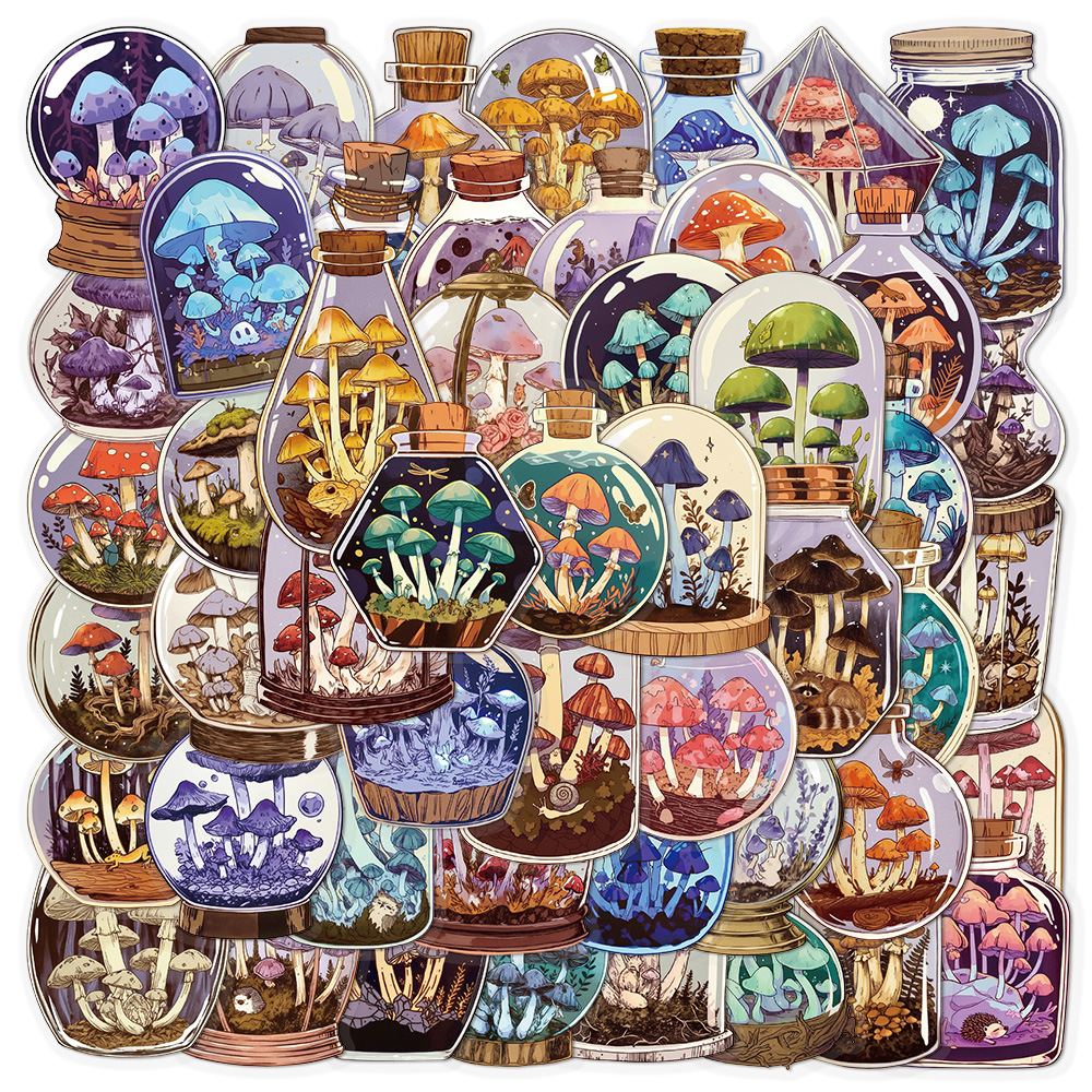Image of 50pcs Mushroom Bottle Cute Ins Retro Pet 2d Transparent Stickers Vintage Aesthetics Funny Doodle Cartoon Deacls Pack Halloween Christmas Decoration Suitcase Diy Luggage Party Gift