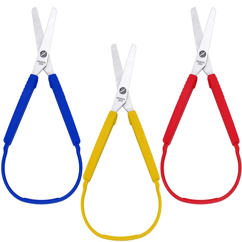 Image of Set Of 3 Scissors With Loop Handles, Self-opening Adaptive Cutting Tools For Kids And Adults With Special Needs, 8 Inches (yellow, Red, Blue)