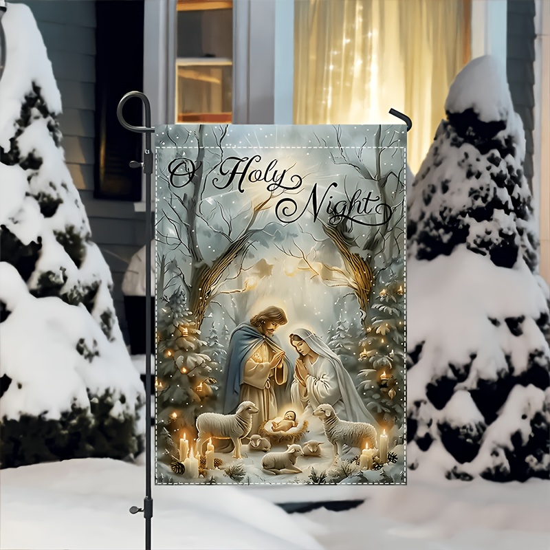 TEMU 1pc Christmas Nativity Scene Garden Flag - Durable Polyester Material, Snowflake And Flock Of , Perfect For Winter Outdoor Decor, 12.0x18.0