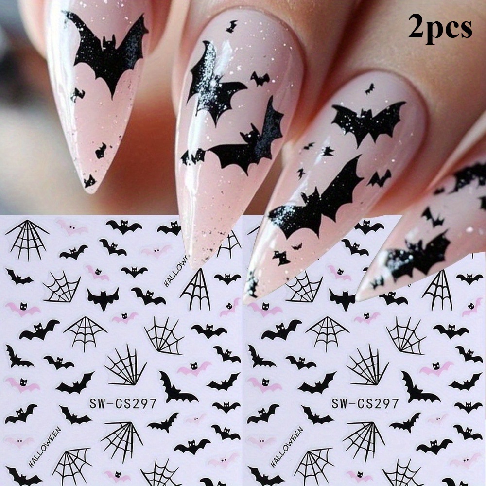 Image of 2pcs 2pcs Bat Nail Stickers Suitable For Women & - Glossy Bat-shaped Nail Decals, Self-stick Bat Wing Nail Art For Diy Manicure, Temporary For Halloween