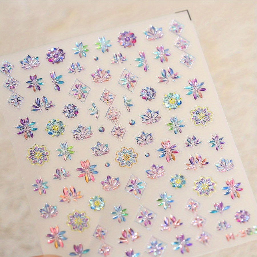 Image of 1pc 5d Embossed Bohemian Nail Art Stickers - Colorful Flower Decals With Glitter Finish, Self-adhesive, Iridescent Plastic Material For Vibrant Nail Designs, Nail Stickers