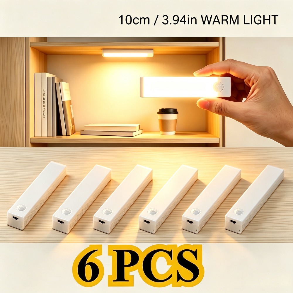 6pcs Led Motion Sensor Cabinet Light, Wireless Magnetic Under Cabinet Lamp, Usb Rechargeable, Punch-free Install, Dimmable, Cool White & Warm White Selectable, Closet Wardrobe Kitchen Night Light