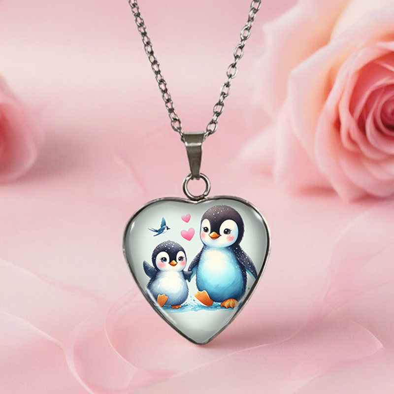 E-shop Niedliches Pinguin Muster Herren Herzförmige Halskette Glas Schmuck Accessoire